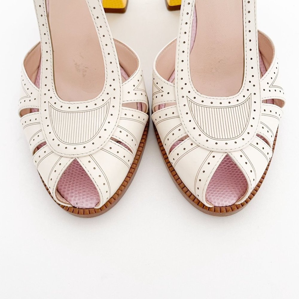 Fendi Chameleon Pumps EU 36 US 6 Cream Yellow Mary Jane Block Mid Heel Sandal - Picture 3 of 13